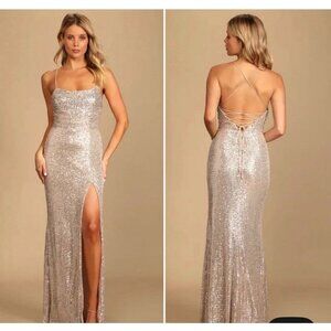 Lulu's Silver Sequin Maxi Dress with Lace-Up Back
